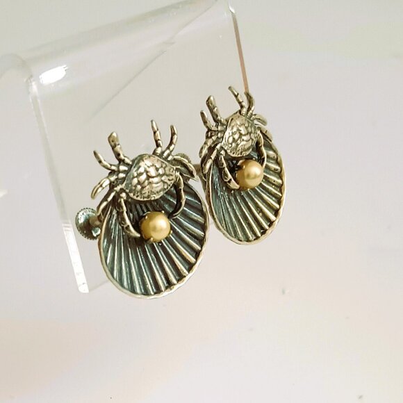925 Crab & Pearl in Clam Shell Earrings Vintage Sterling Silver Screw Backs - Picture 1 of 11